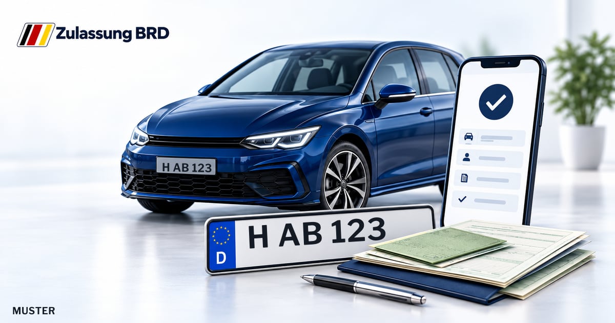 Online Fahrzeugzulassung in Burgwedel: Musterkennzeichen H AB 123, Auto und Fahrzeugpapiere und Smartphone. Illustration mit Logo von Zulassung BRD.